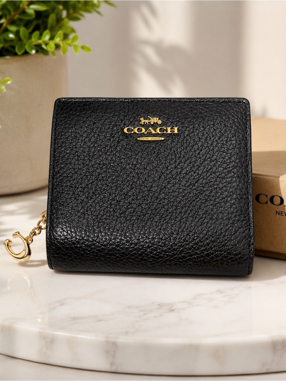 Coach Black Pebbled Leather Card Holder with Gold Logo